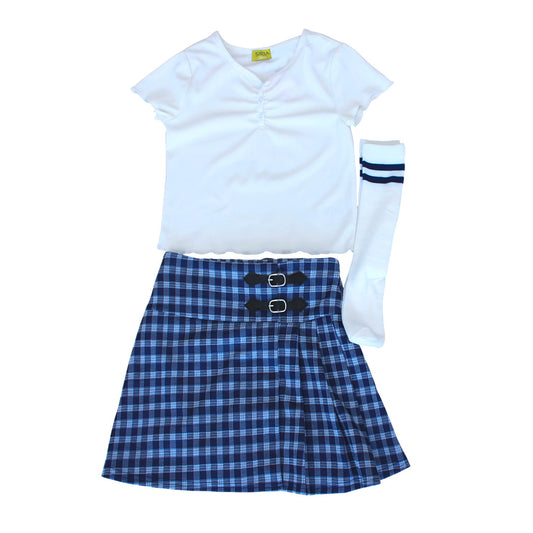 CONJUNTO FALDA CUADROS CON CALCETAS